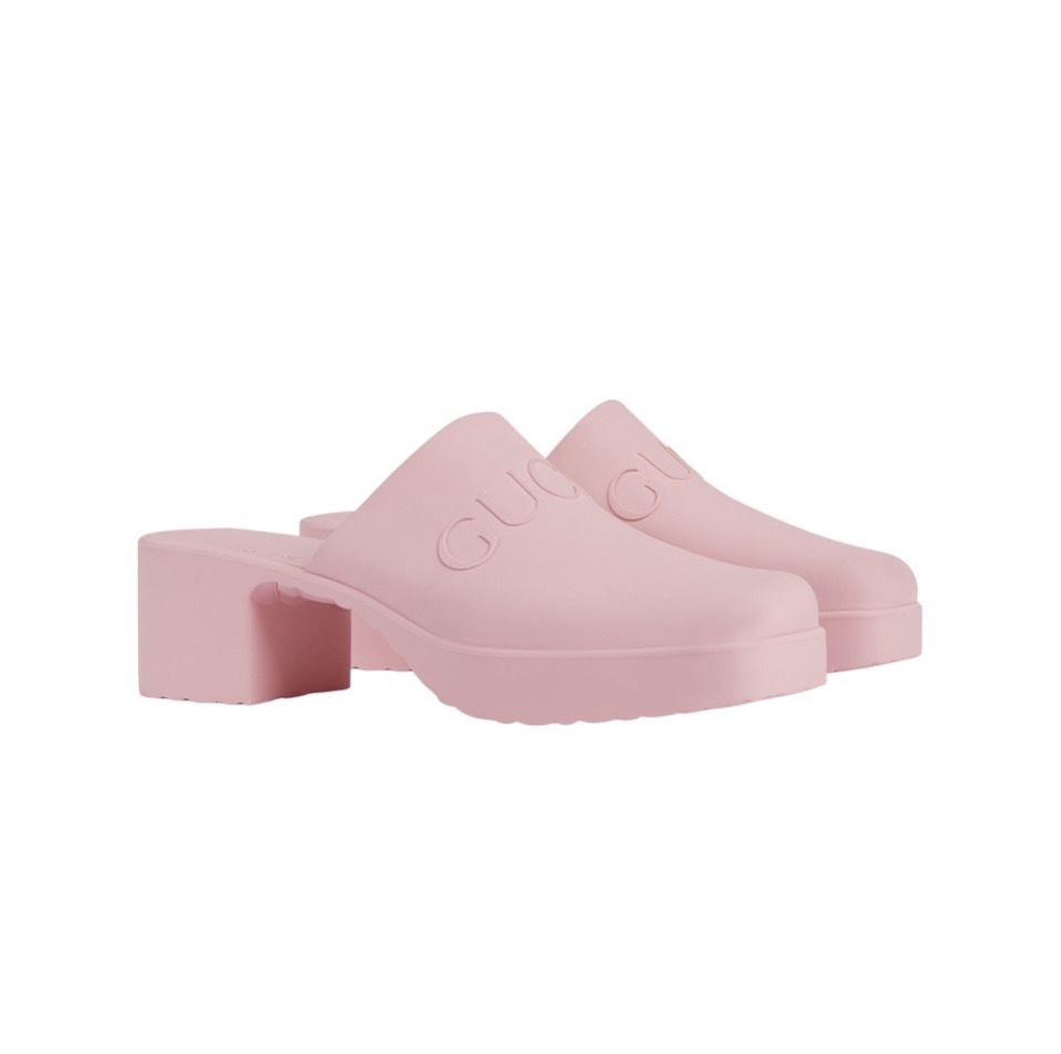 GUCCI Embossed Logo Rubber Block Heel Mules Platform Slides - KAIROO