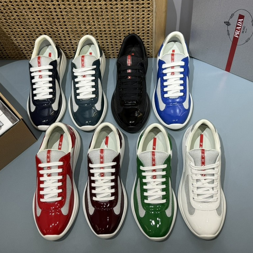 Prada Red Line Logo Patent Leather and Mesh Streamlined America's Cup Sneakers - KAIROO