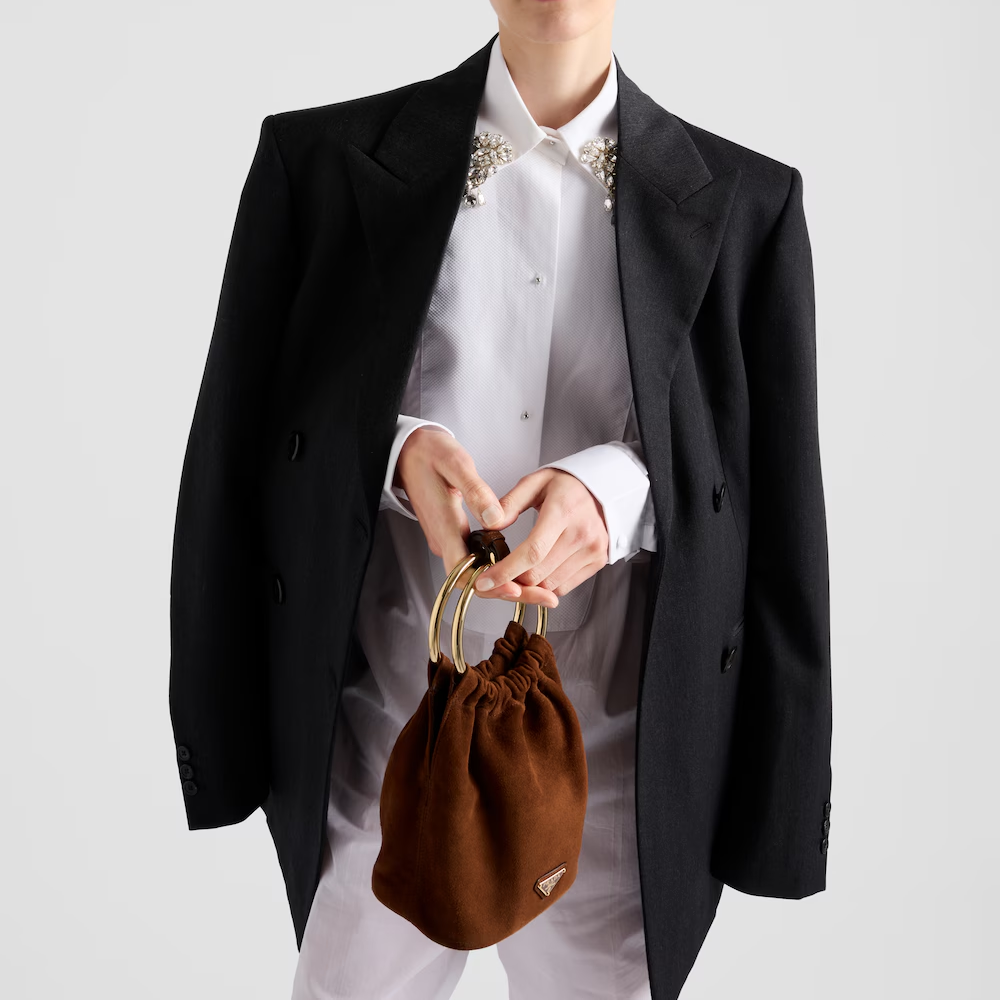 Prada Suede Leather Metal Ring Top Handle Mini Bag - KAIROO