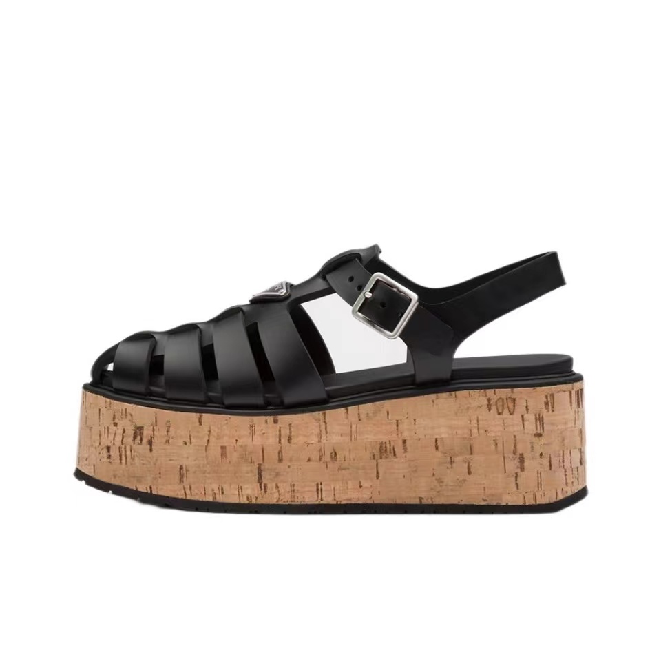 Prada Cage-upper Triangle-logo All-rubber Wedge Sole Sandals - KAIROO