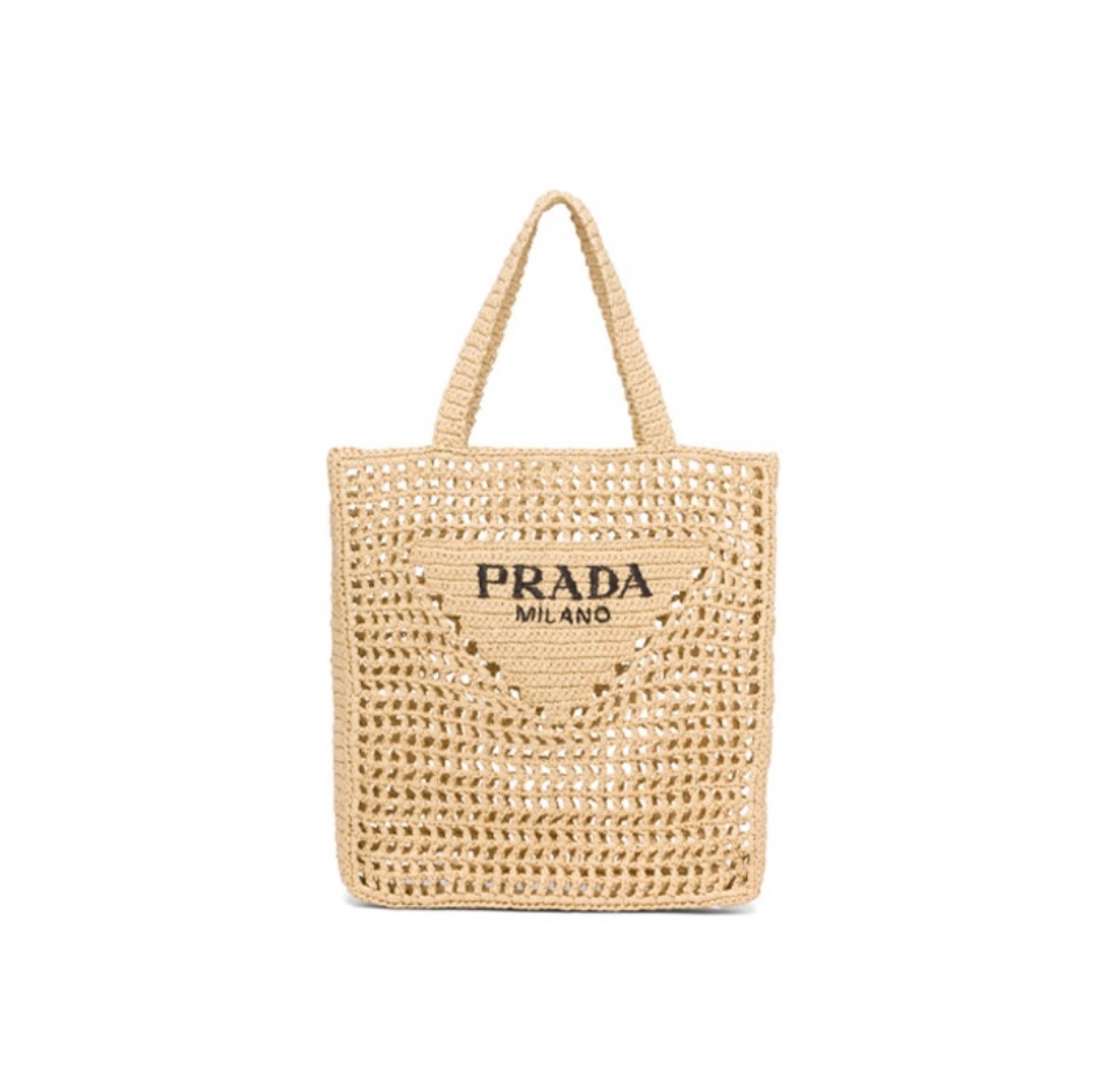 Prada Logo Raffia Crochet Large Rectangular Tote Shoulder Bag - KAIROO