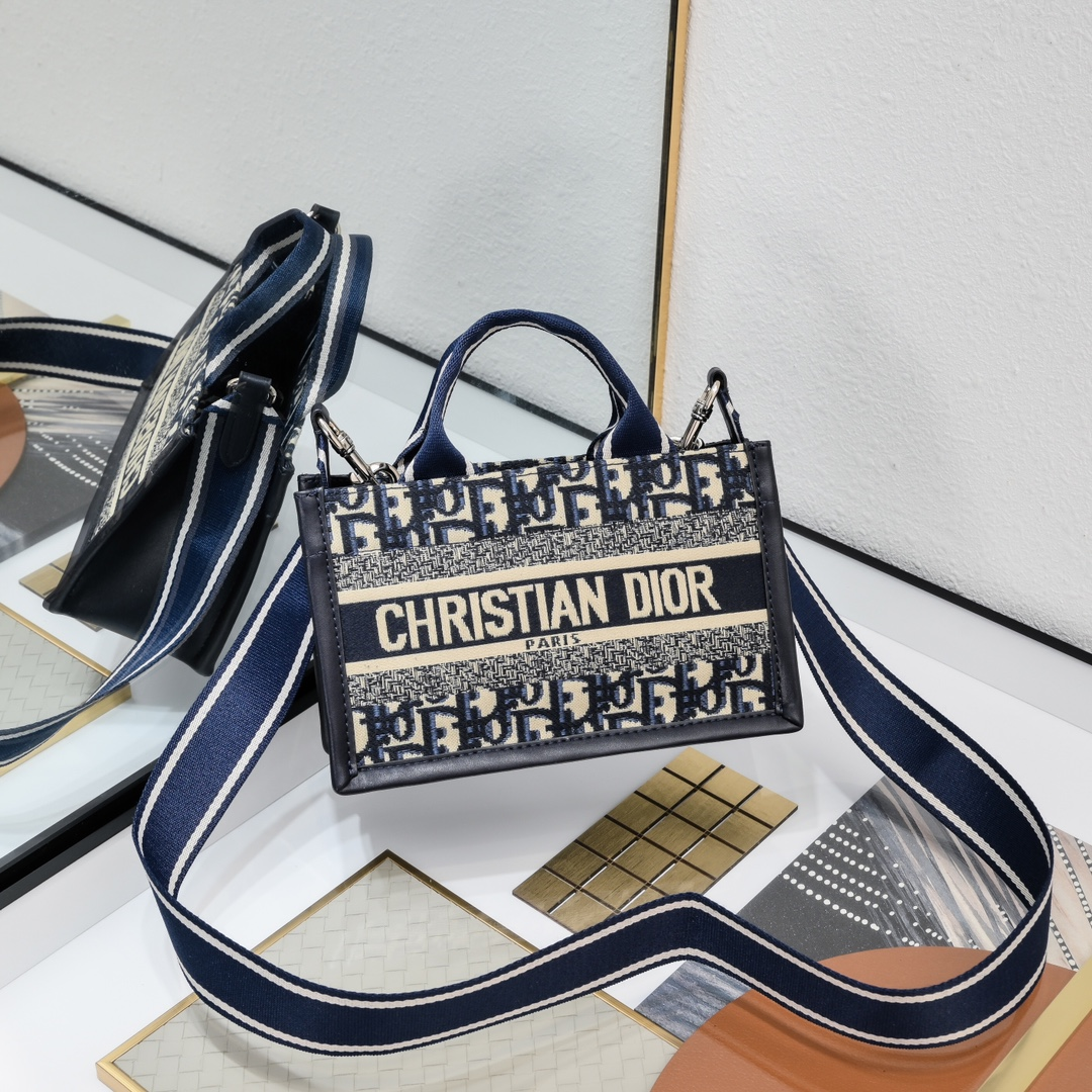 Dior Mini Book Tote Navy Oblique Jacquard Embroidery Tote Bag - KAIROO