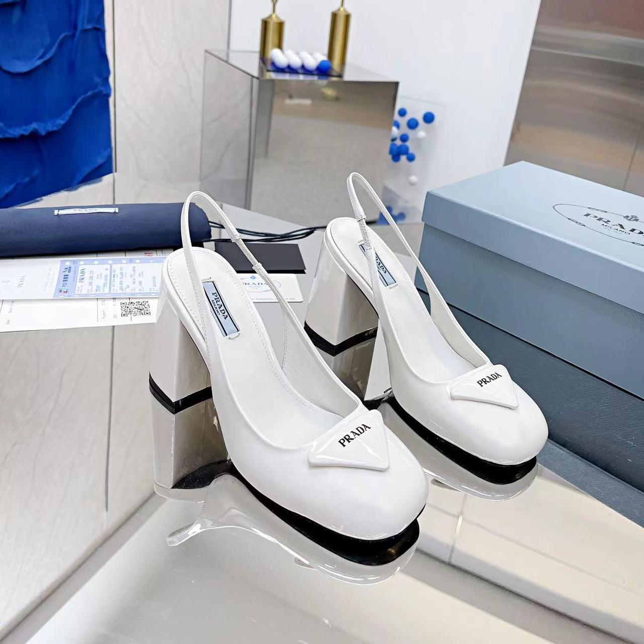 Prada Patent Leather Square toe Tri-logo Block Heel Slingbacks - KAIROO