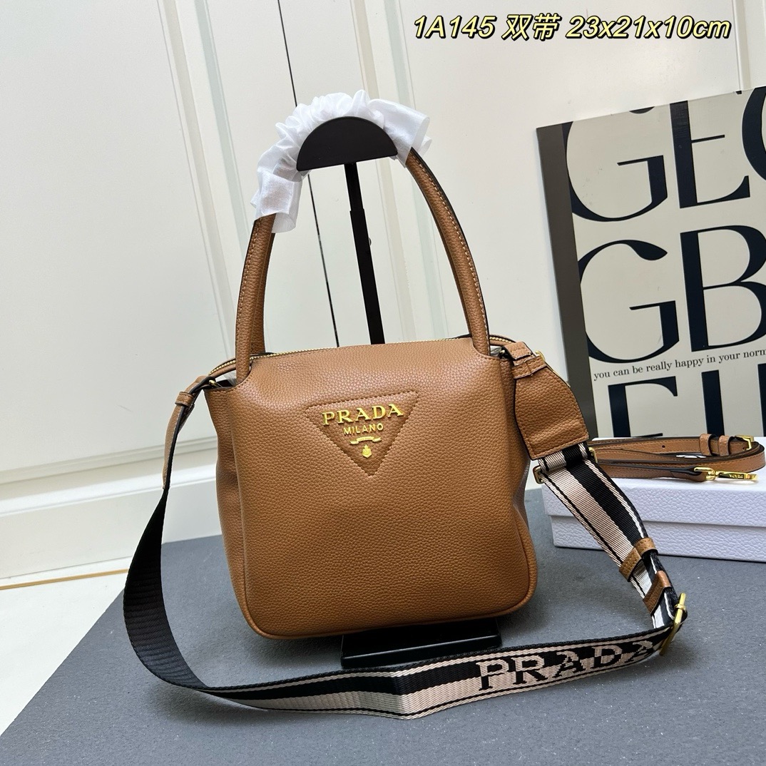 Prada Logo-Emb Grained-Lth Dual Strap Mini Square Tote Shopping Bag - KAIROO