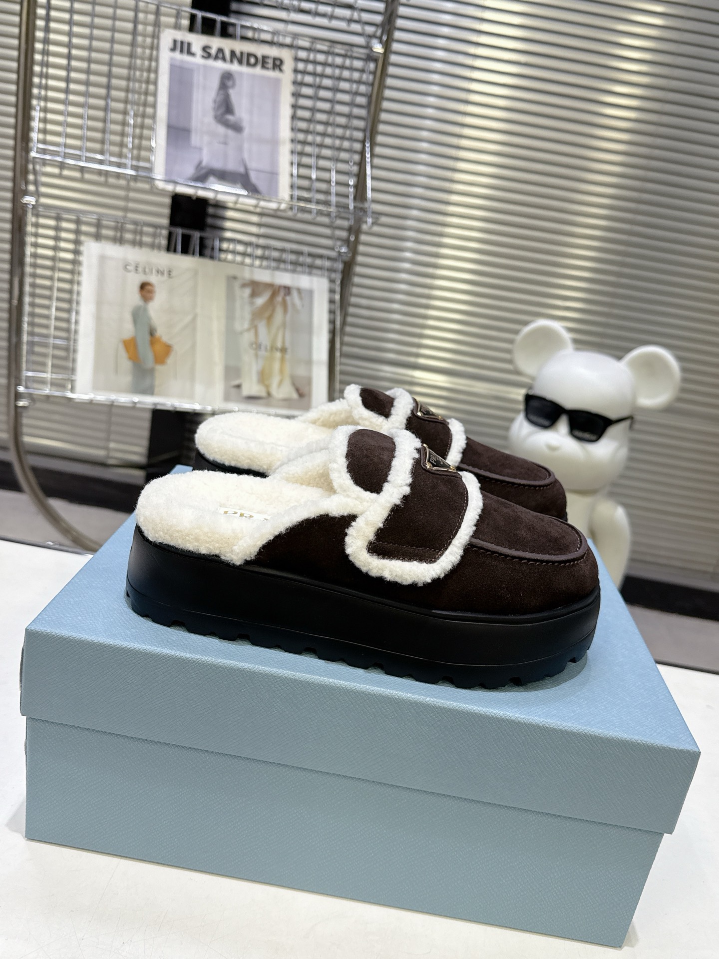 Prada Platform Loafer-style Triangle-logo Suede Shearling-lined Mule Slippers/Dark Brown - KAIROO