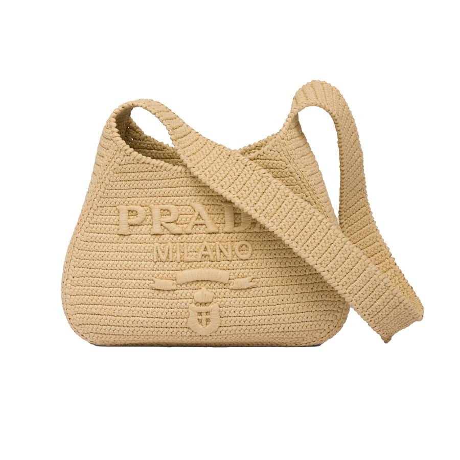 Prada Crochet Raffia Logo Embroidered Curved Hobo Tote Bag - KAIROO