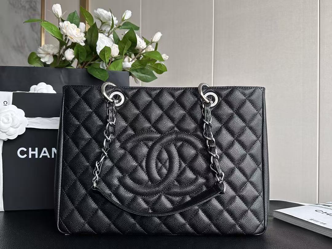 Chanel Black Caviar Quilted Large Shopping Tote - KAIROO
