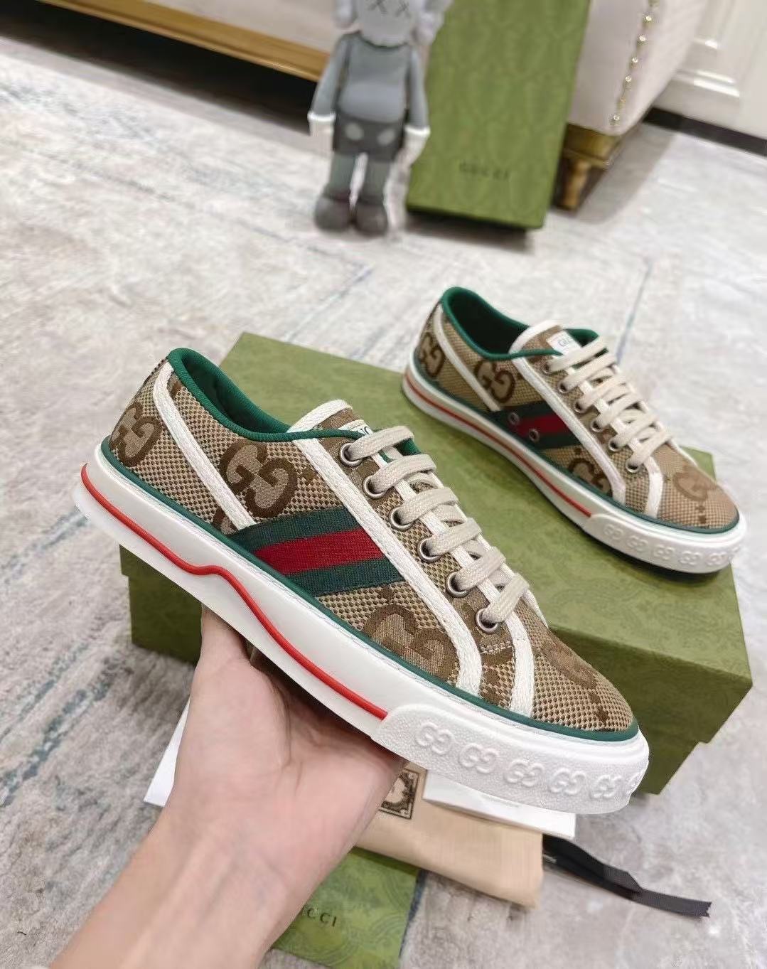 Gucci Tennis 1997 Beige GG Monogram Web Stripe Low Top Canvas Sneakers - KAIROO