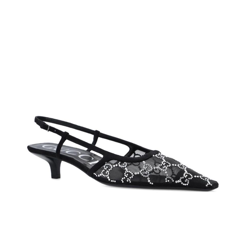 GUCCI Mesh Slingback Pumps with GG Crystal Motif Pointed-toe Sandals Mid-heel - KAIROO