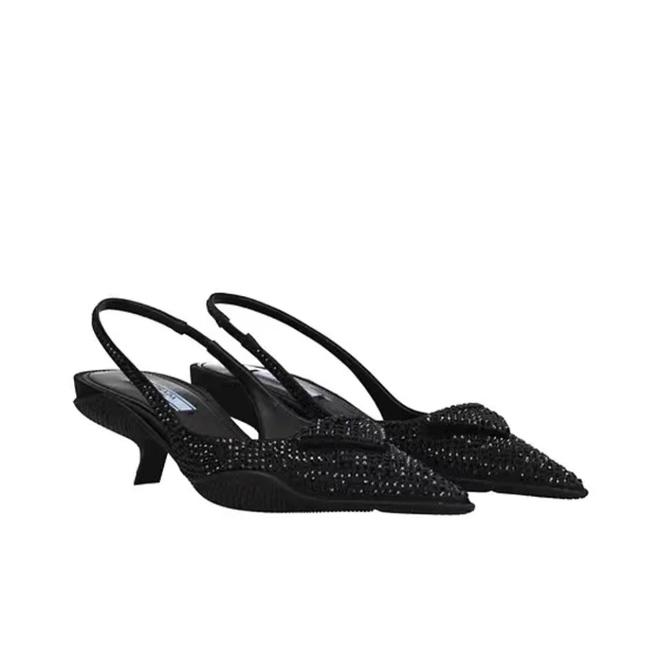 Prada Crystal Pointed-Toe Kitten Heels Slingback Pumps - KAIROO