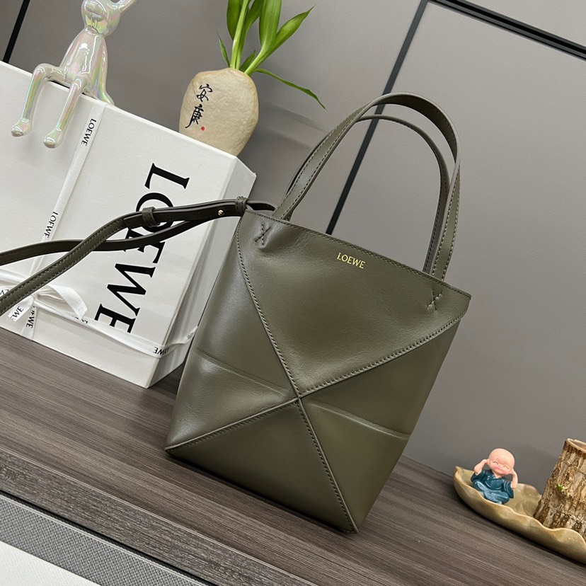 Loewe Dark Olive Mini Puzzle Geometric Fold Smooth Leather Tote Handle Shoulder Bag - KAIROO