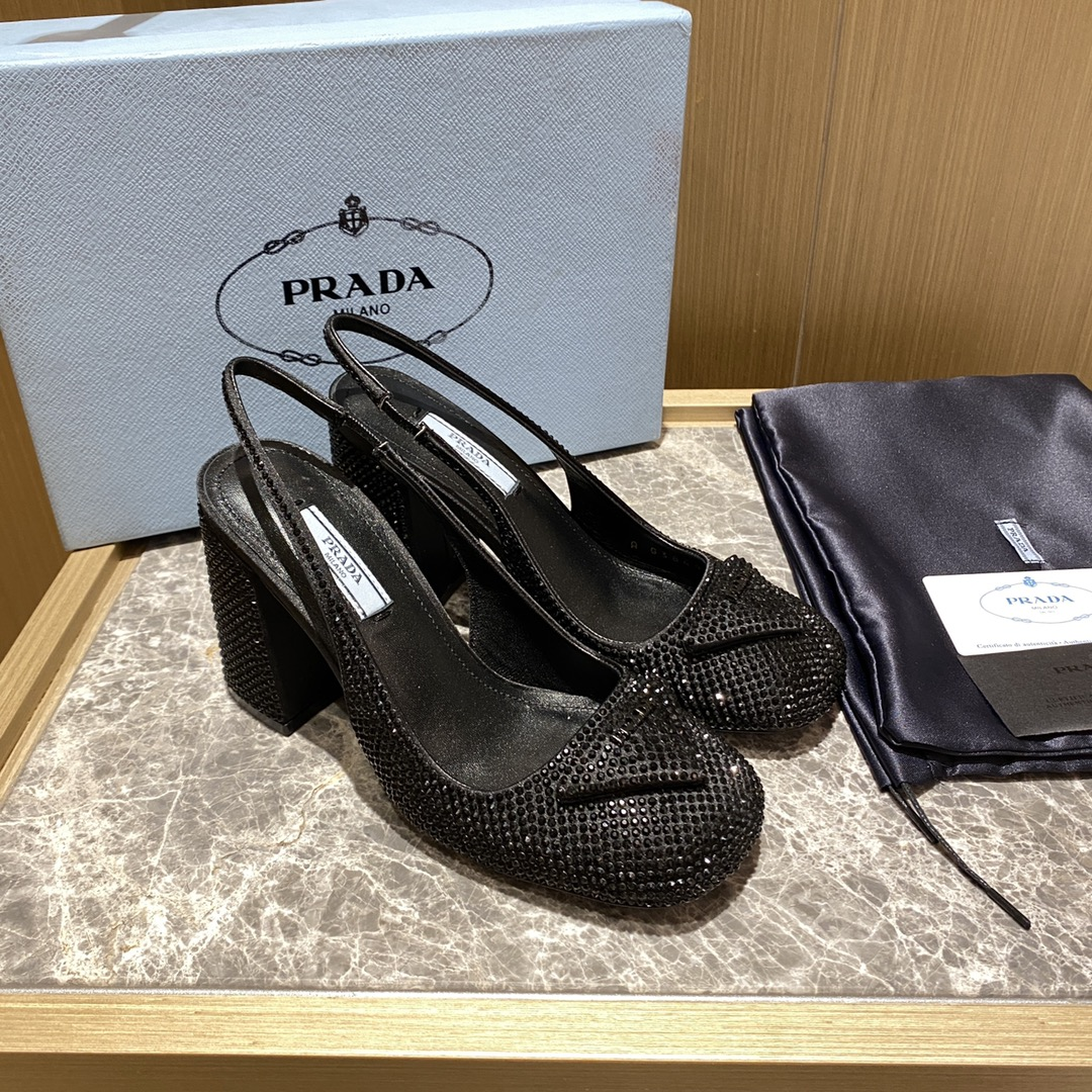 Prada Square-toe Triangle-logo Crystal-studded Satin Block Heel - KAIROO