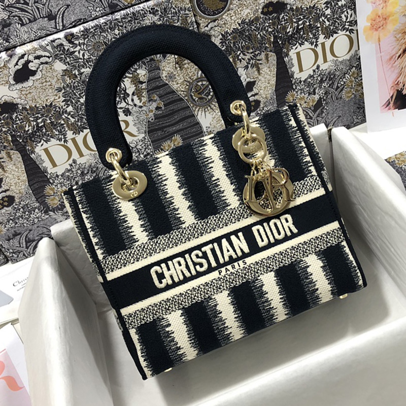 Dior Lady D-Lite Black White D-Stripes Embroidery Dior Handle Shoulder Crossbody Bag - KAIROO