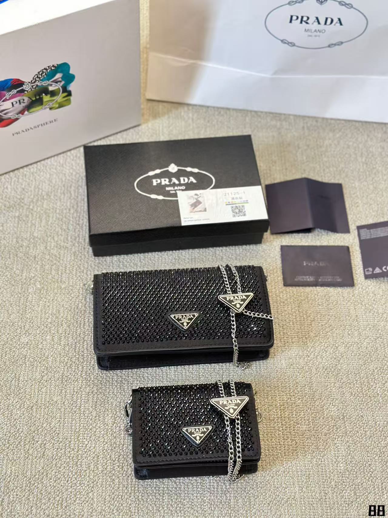 Prada Crystal-Embellished Satin Flap Chain Evening Clutch Shoulder Bag - KAIROO