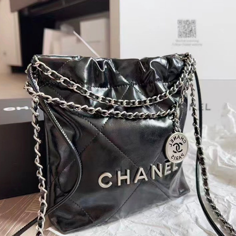 Chanel 22 Mini Diamond Quilted Shiny Calf Drawstring Logo Charm Bucket Bag - KAIROO