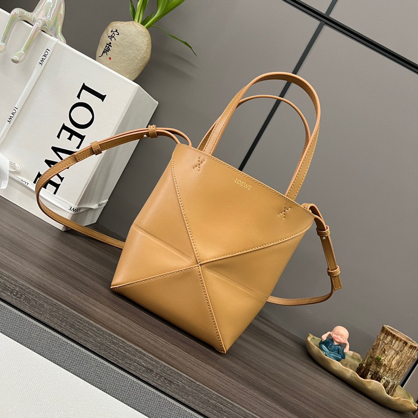 Loewe Dark Khaki Mini Puzzle Geometric Fold Smooth Leather Tote Handle Shoulder Bag - KAIROO