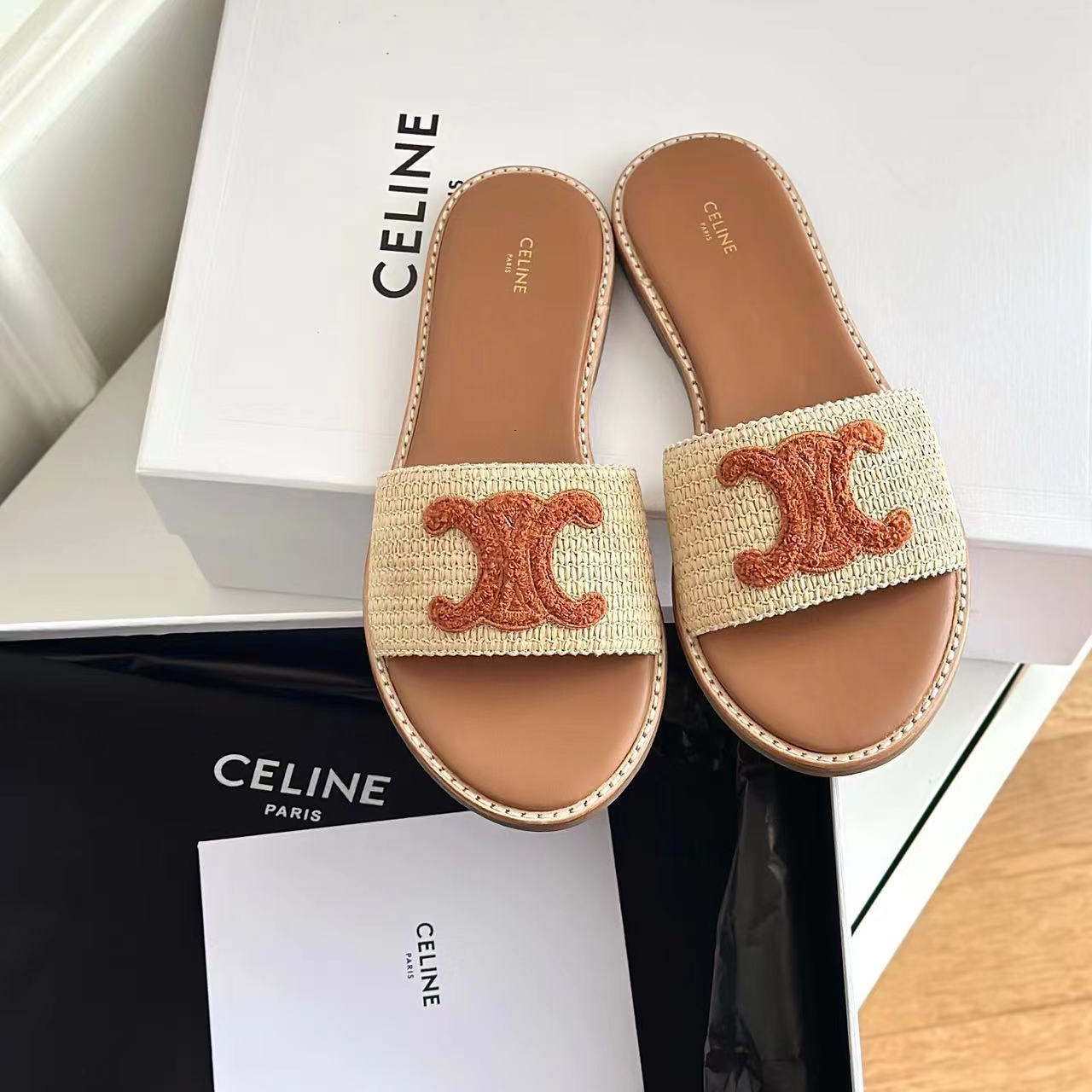 Celine Brown Triomphe Patch Embroidered Raffia Flat Slide Sandals - KAIROO