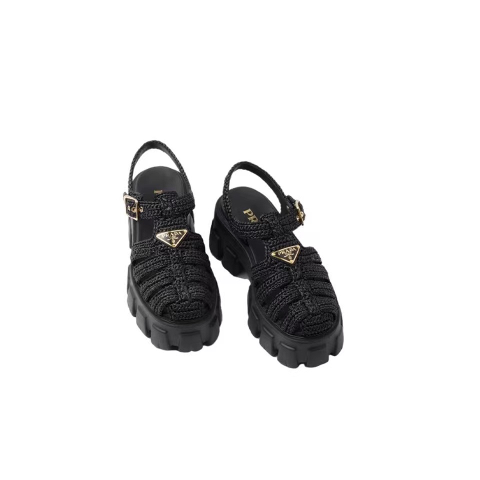 Prada Crochet-Knit Cage Chunky-Lug Buckle Sandal - KAIROO
