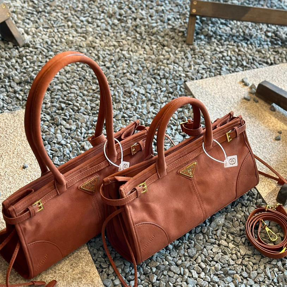 Prada Rectangular Buckle Suede Leather Wide Belt Tote Handbag - KAIROO