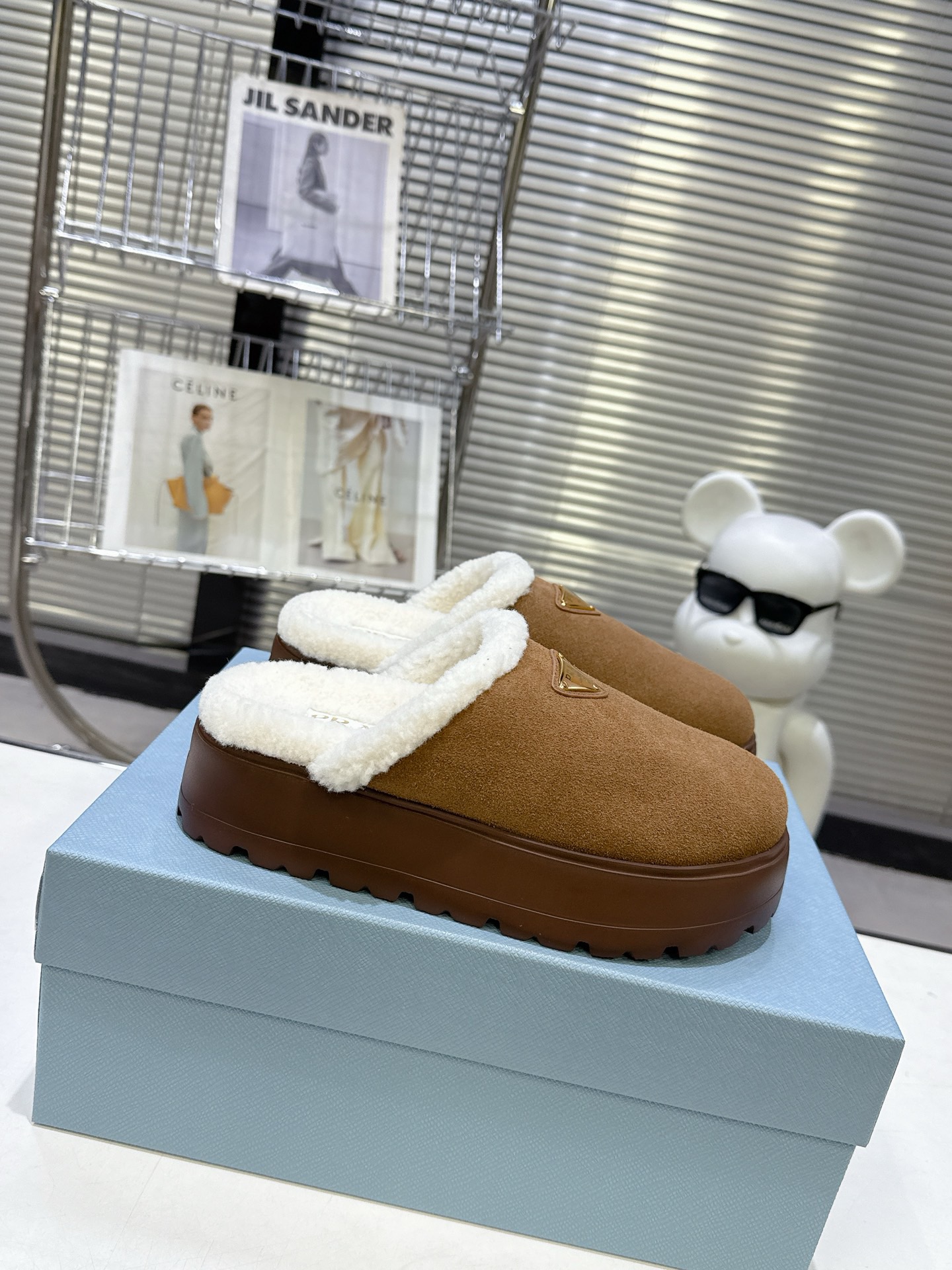Prada Triangle Logo Suede Shearling Cozy High Platform Mules / Cacao Brown - KAIROO