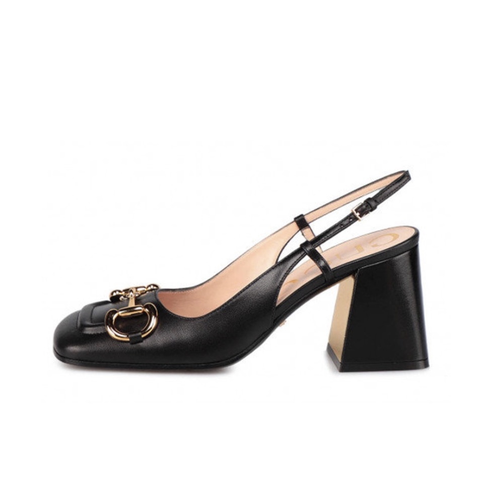GUCCI Classic Leather Horsebit Block Square-Toe Slingback Heel Sandals - KAIROO