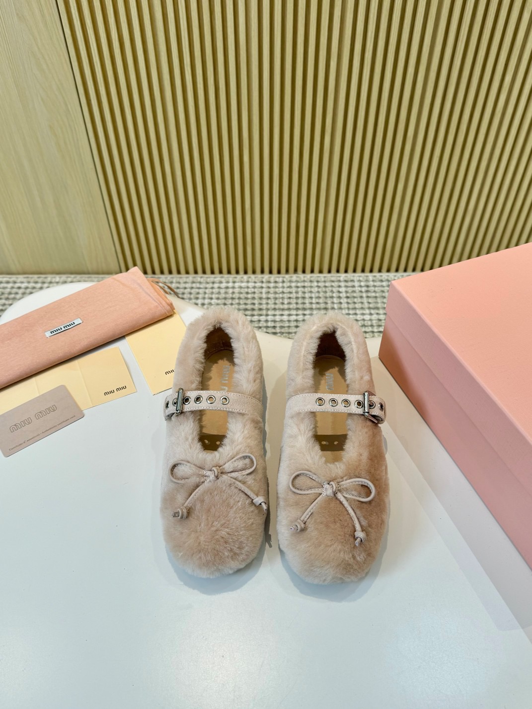 Miu Miu Shearling Bow Mary Jane Ballet Buckle Strap Flats - KAIROO