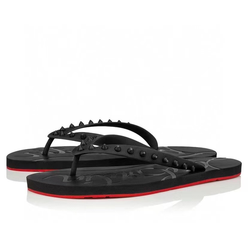 Christian Louboutin Loubi Flip Spike-embellished Red Sole Flip Slides - KAIROO