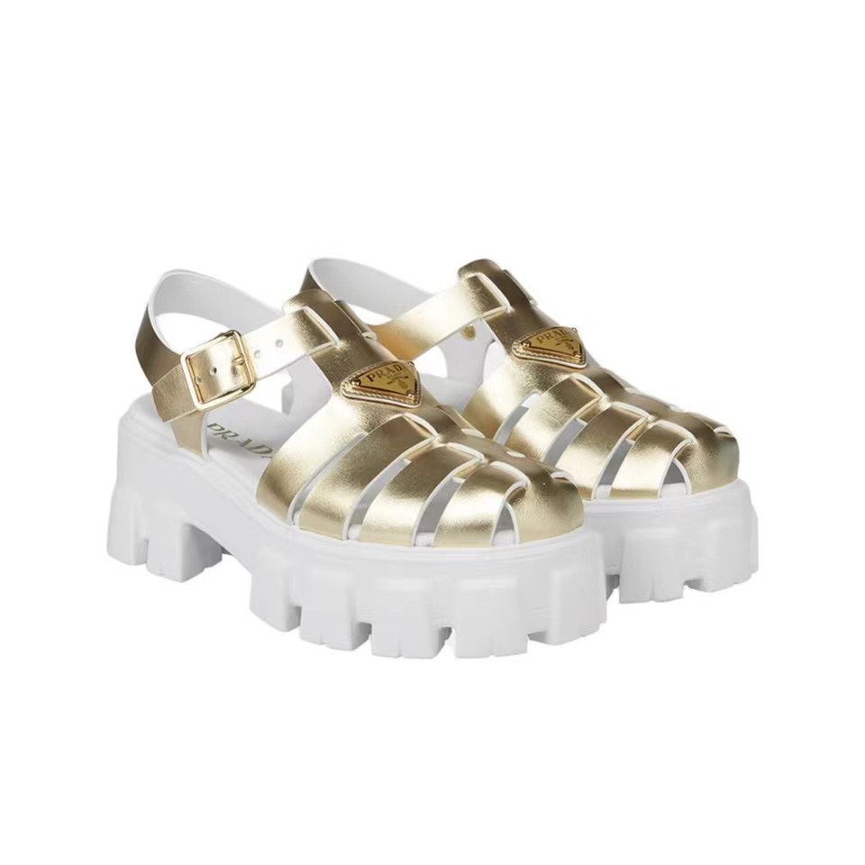 Prada Cage-upper Triangle-logo Metallic-leather Lug Sandals - KAIROO