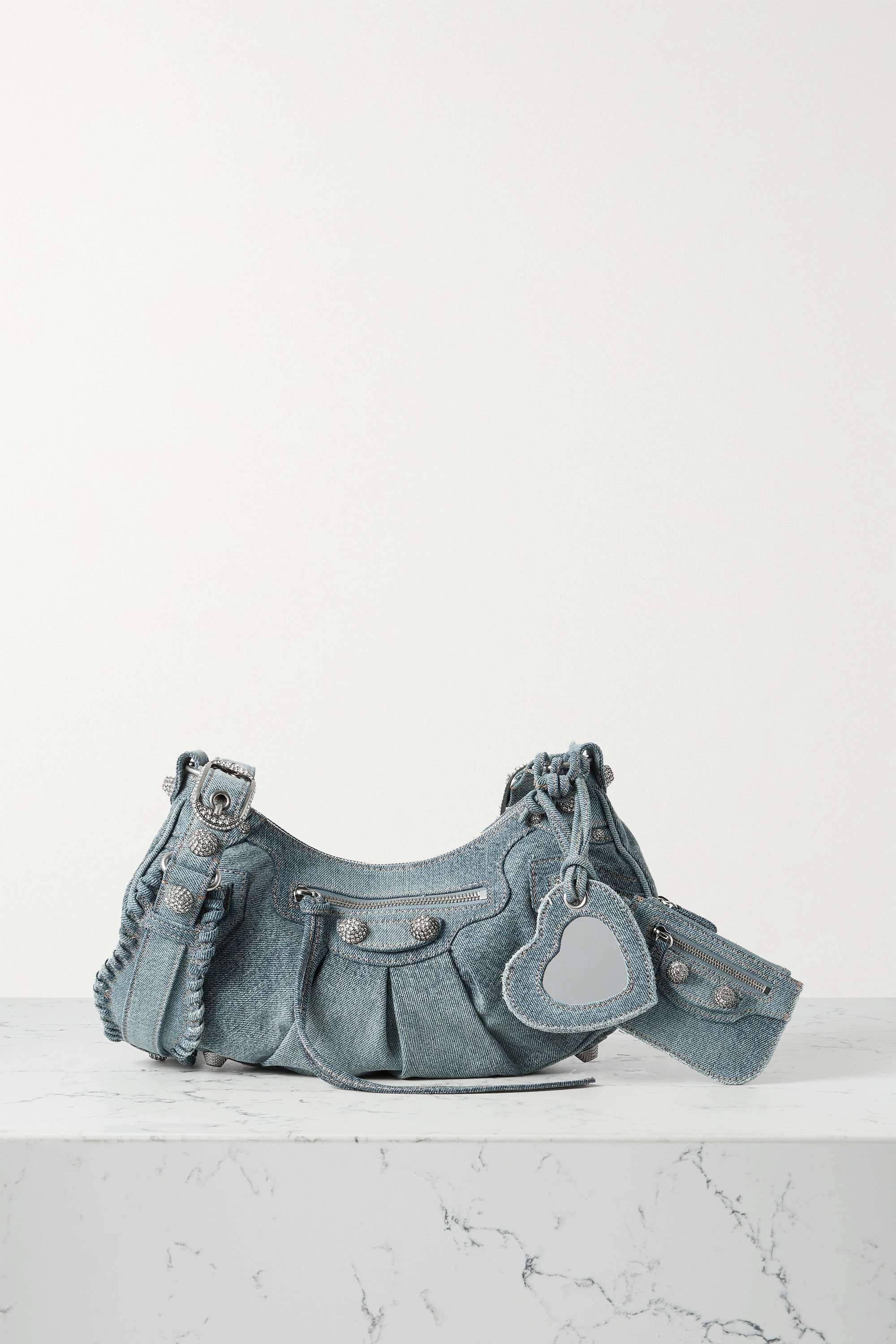 Balenciaga Le Cagole Washed Denim Studded Purse &  Heart Mirror Charm Hobo Shoulder Bag - KAIROO