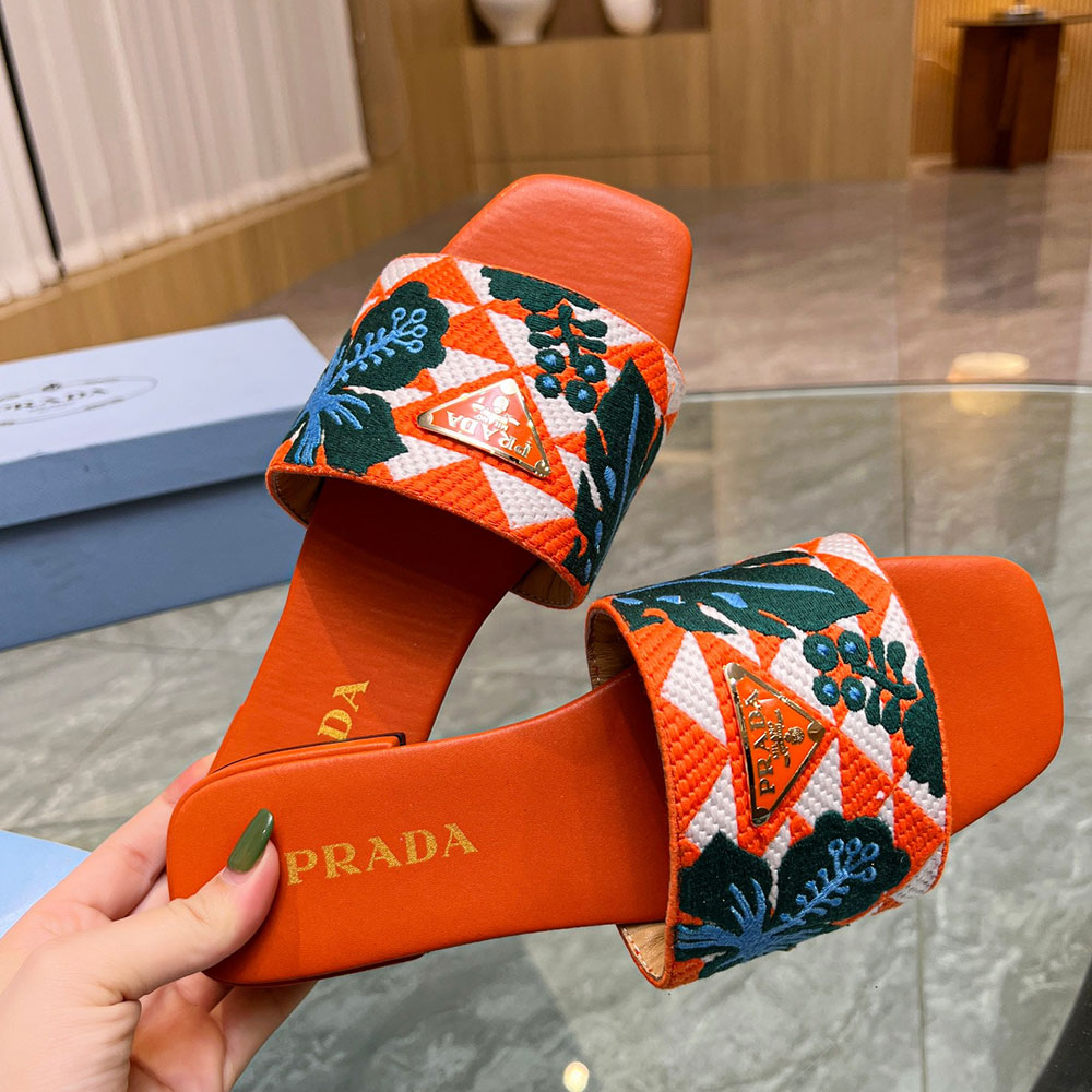 Prada Square-toe Triangle-logo Tropical-embroidered Flat Slide - KAIROO
