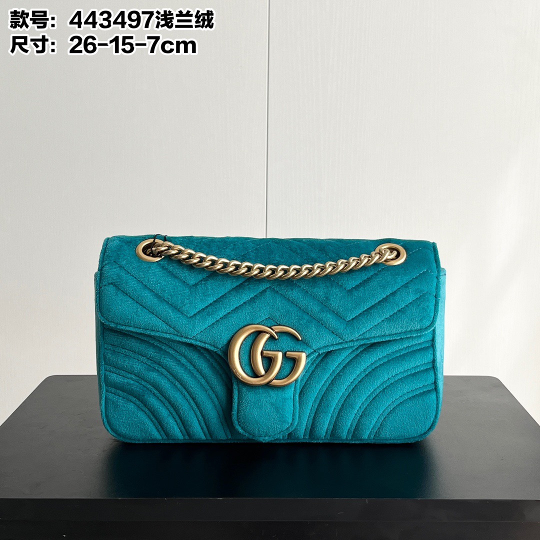 GUCCI Quilted Velvet GG Marmont Chevron Quilting Shoulder Bag / Small & Mini / Cyan - KAIROO