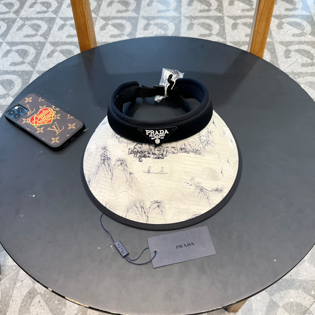 Prada Ink Wash Landscape Print Wide-brim Empty Top Sun Visor Hat - KAIROO