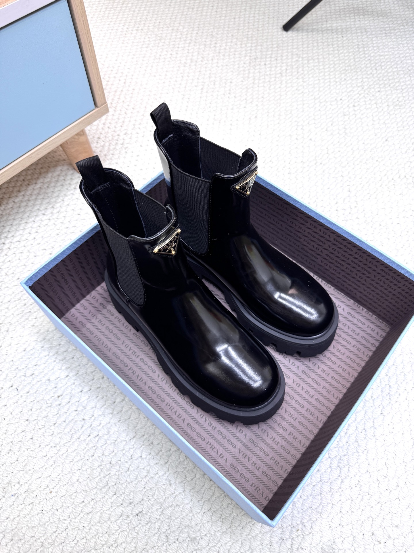 Prada Monolith Glossy Leather Metal Tri-Logo Lugs Platform Chelsea Boots - KAIROO