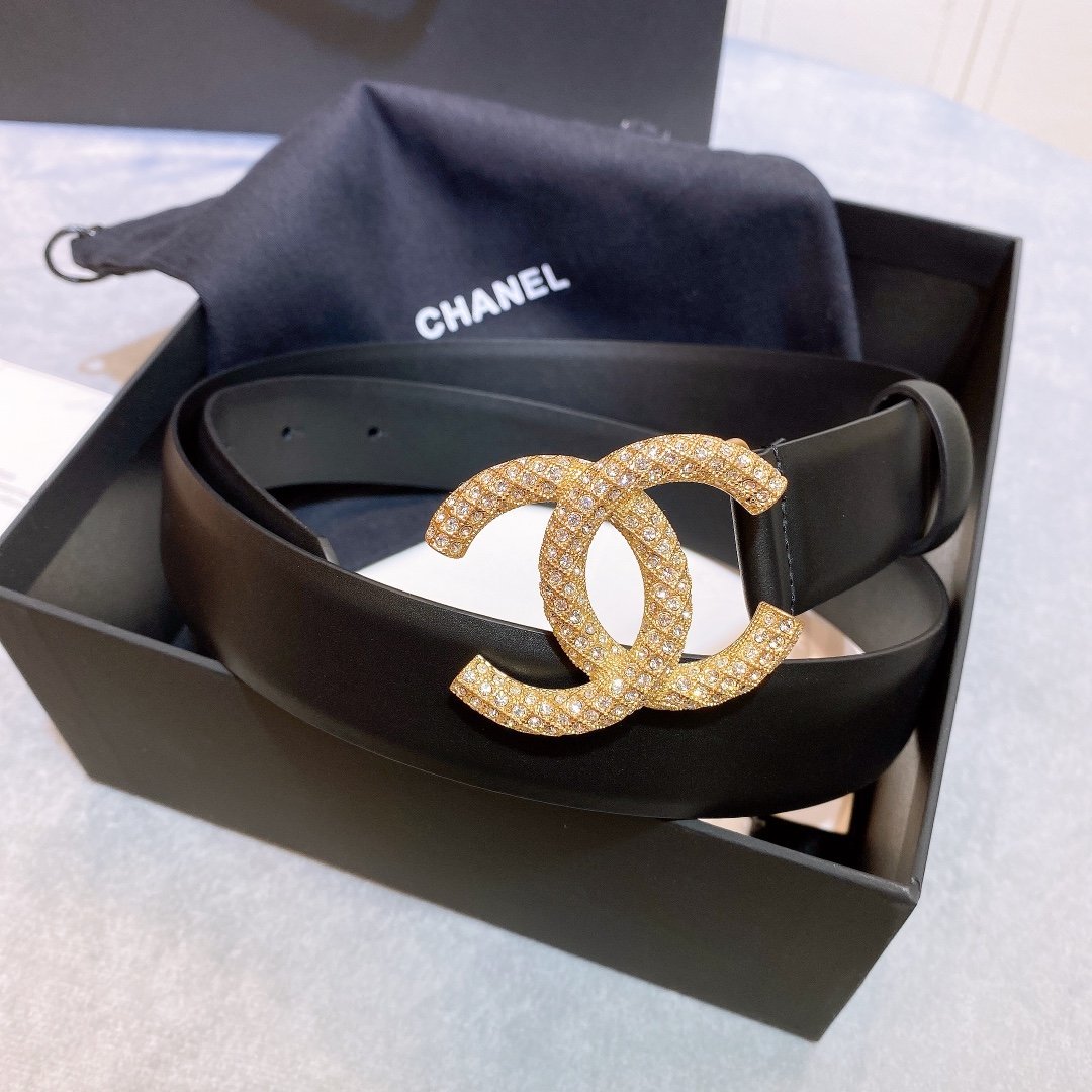 Chanel Belt With Beaded Buckle Black Gold-Toned Metal and Strass Women Belt 30MM - KAIROO