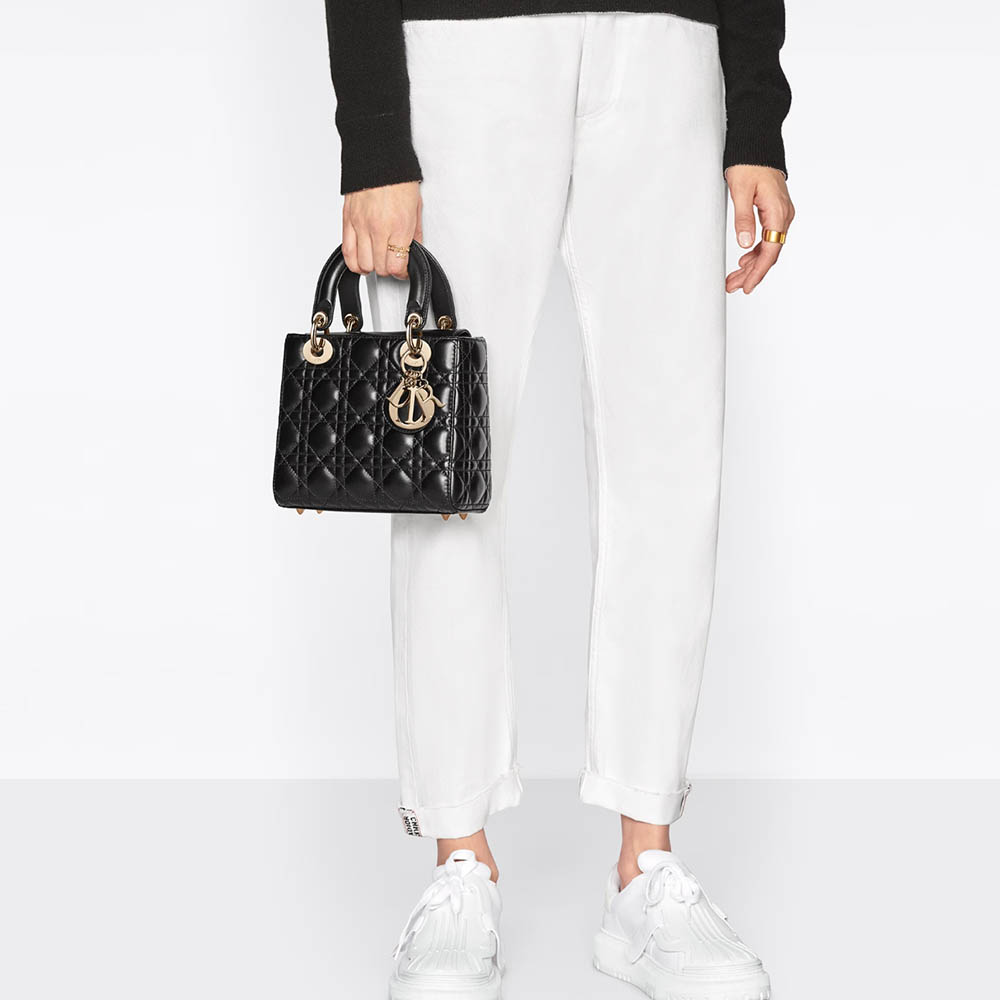 Dior Small Lady Dior Delicate Leather Cannage Quilted Gold Hardware Top Handle Bag - KAIROO