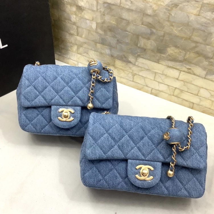 Chanel Blue Denim Quilted Mini Flap Bag with Adjustable Gold-Tone Ball - KAIROO