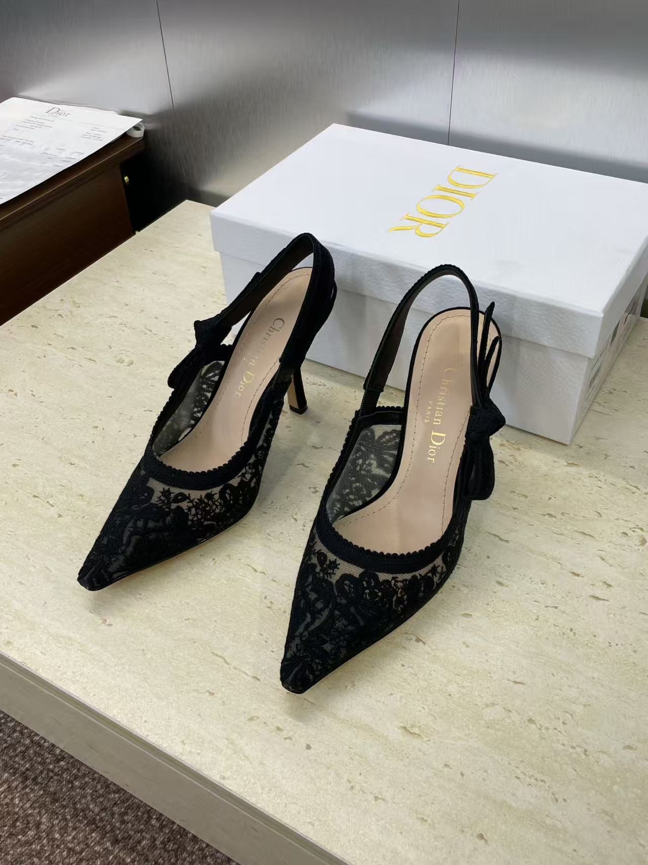 Dior J'Adior Black Lace Embroidery Slingbacks - KAIROO