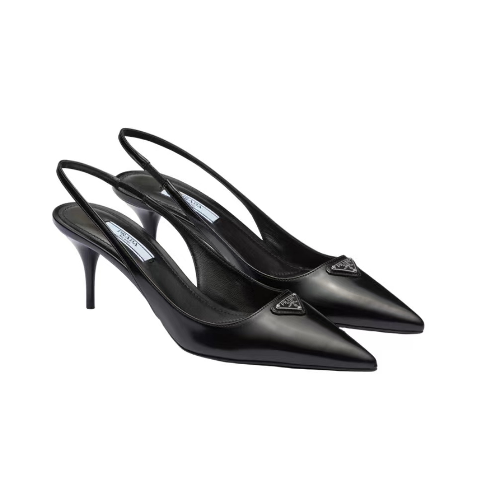 Prada Glossy Enamel Logo Pointed-Toe Slim-Heel Slingbacks - KAIROO