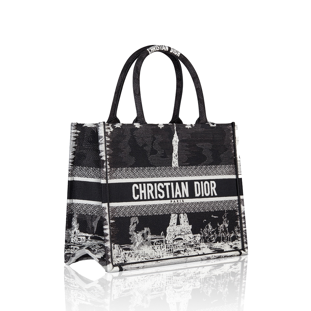 Dior Book Tote Black White Paris Eiffel Tower Embroidery Medium Tote Bag - KAIROO