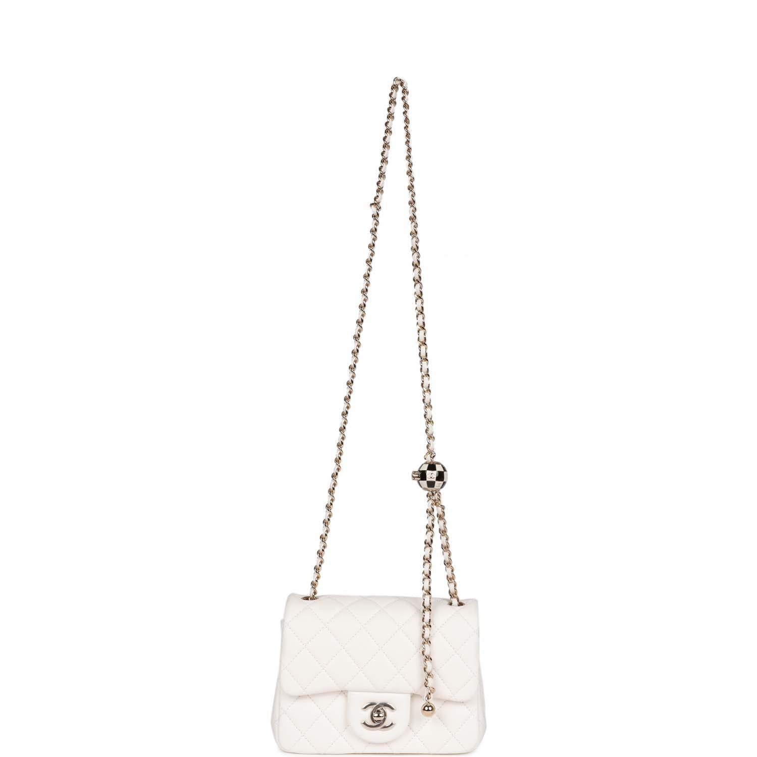 Chanel Pearl Crush Mini Square Diamond Quilted Lambskin Adjustable Chain White Flap Bag - KAIROO