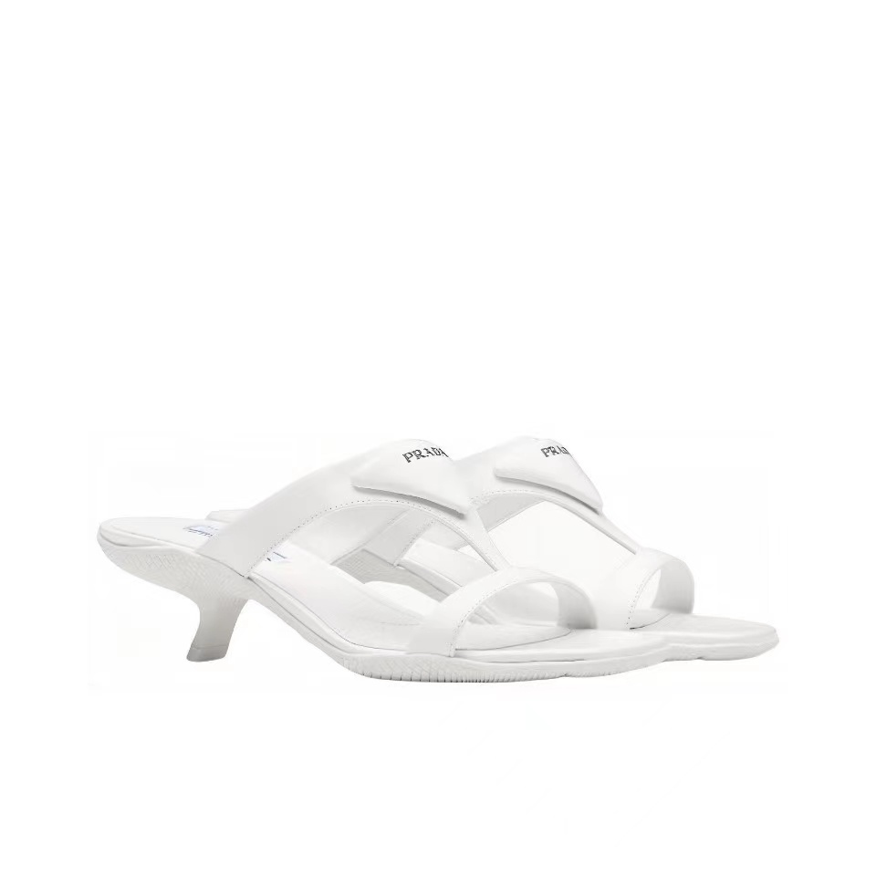 Prada Polished Leather Triangle Logo Thong Sandals Kitten Heel - KAIROO