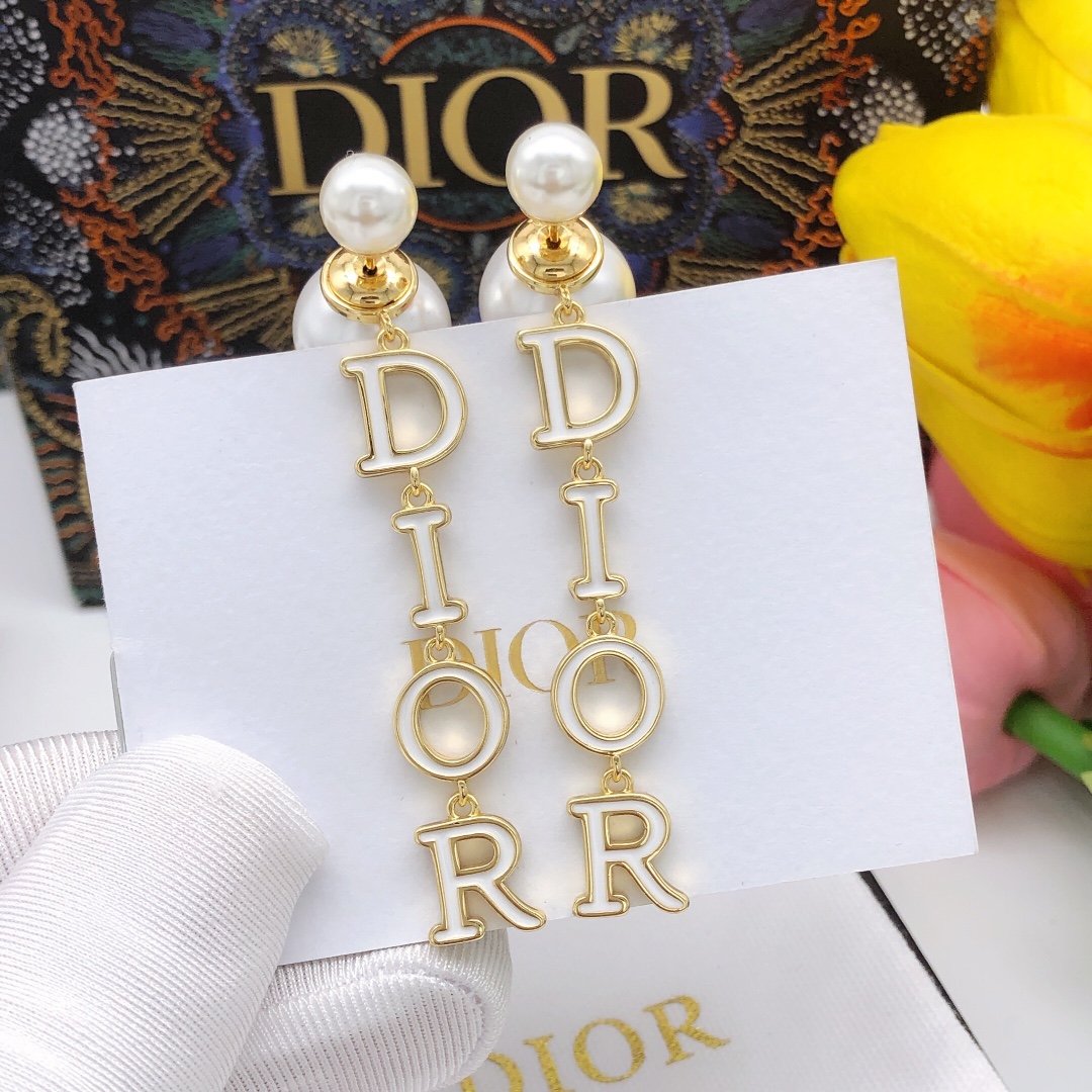 Dior Resin Pearl Vertical D-I-O-R Signature Drop Gold-finish Metal Earrings - KAIROO