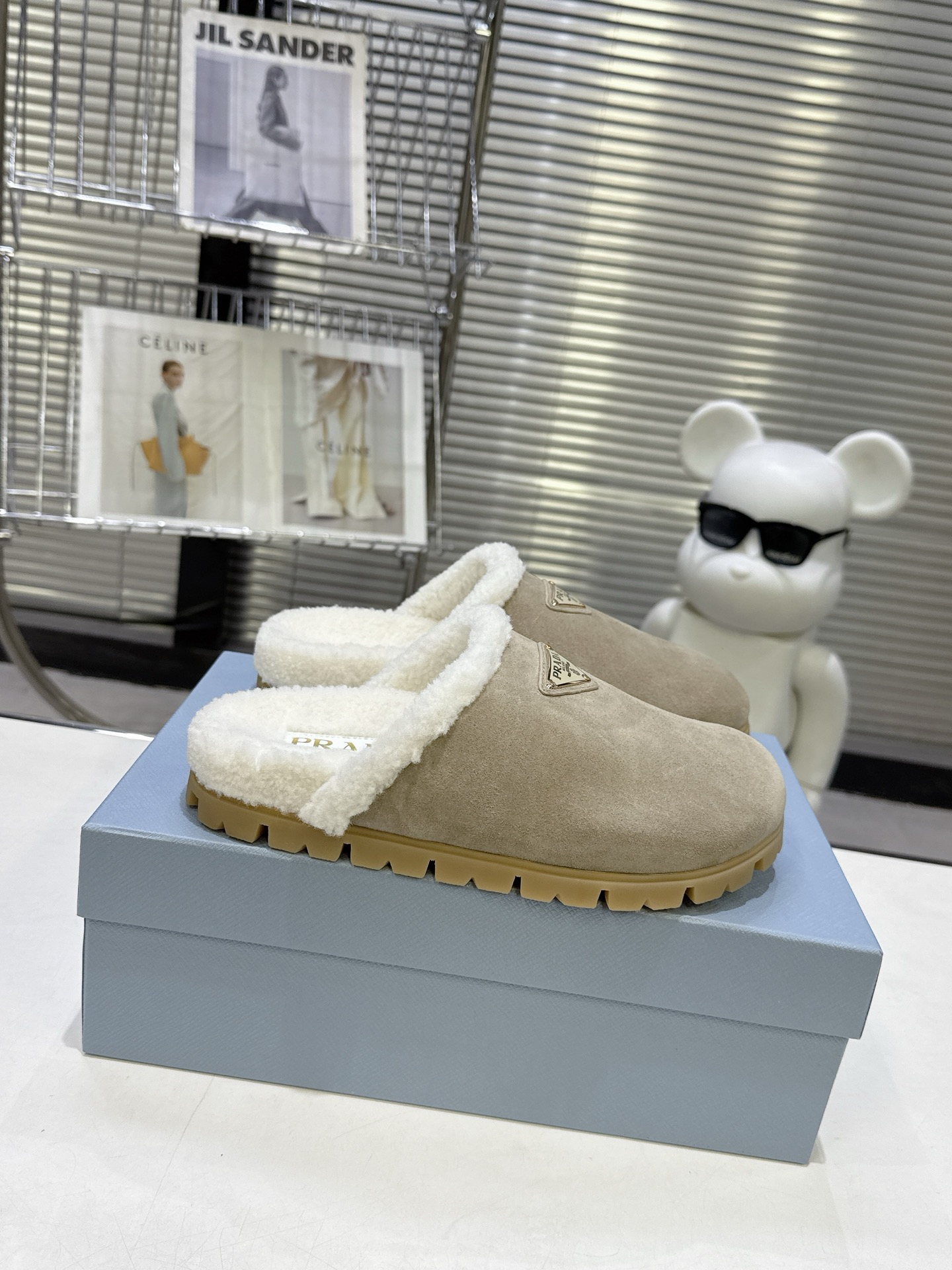 Prada Triangle Logo Suede Shearling Cozy Mules/ Sand - KAIROO