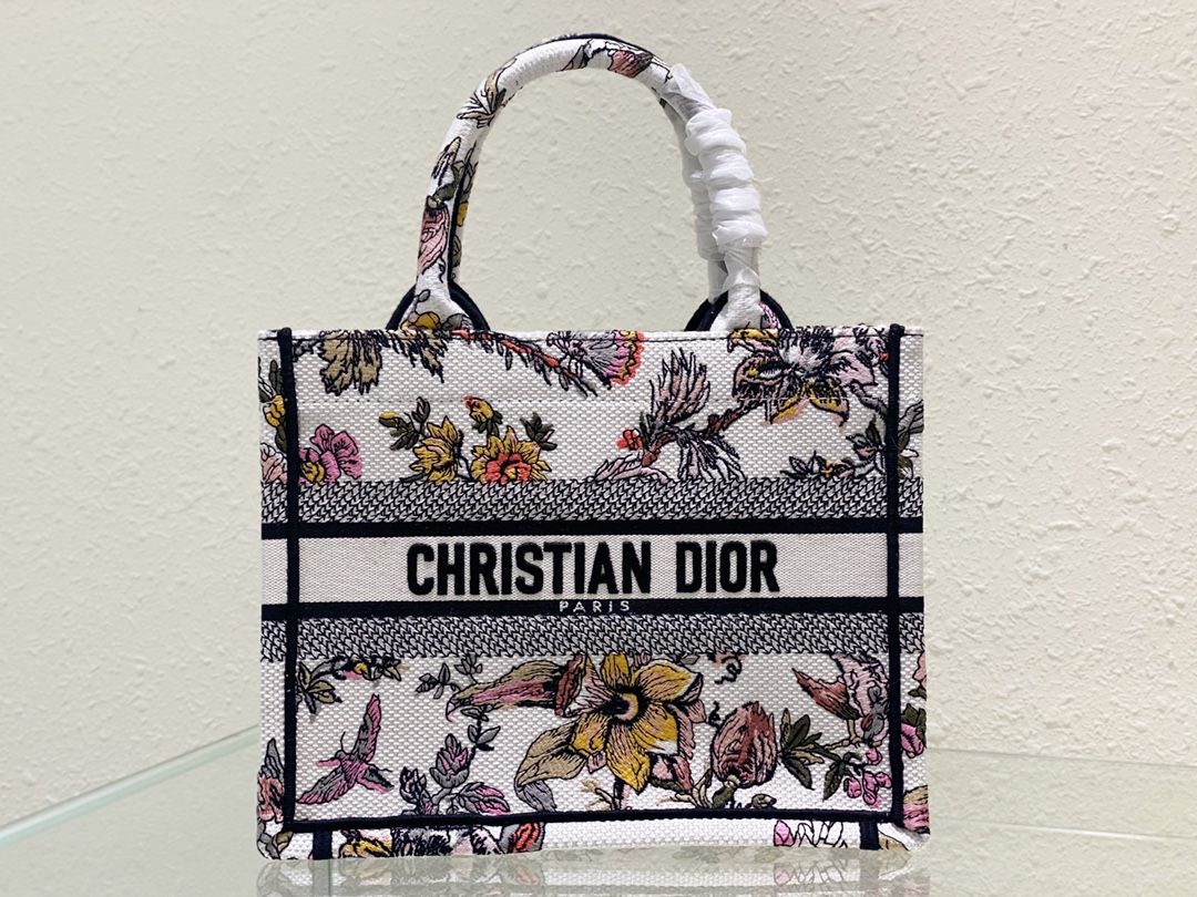 Dior Petites Fleurs Canvas Floral Embroidered Tote Tote Bags/ Small-White-15A - KAIROO