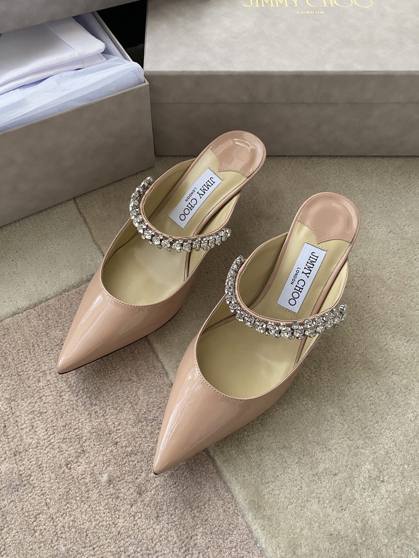 Jimmy Choo Bing 100 Patent Leather Mules with Crystal Strap - KAIROO