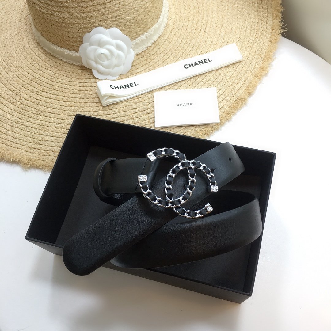 Chanel Belt With Double C Buckle Black with Silver mix Black Hardware Women Belt 30MM - KAIROO