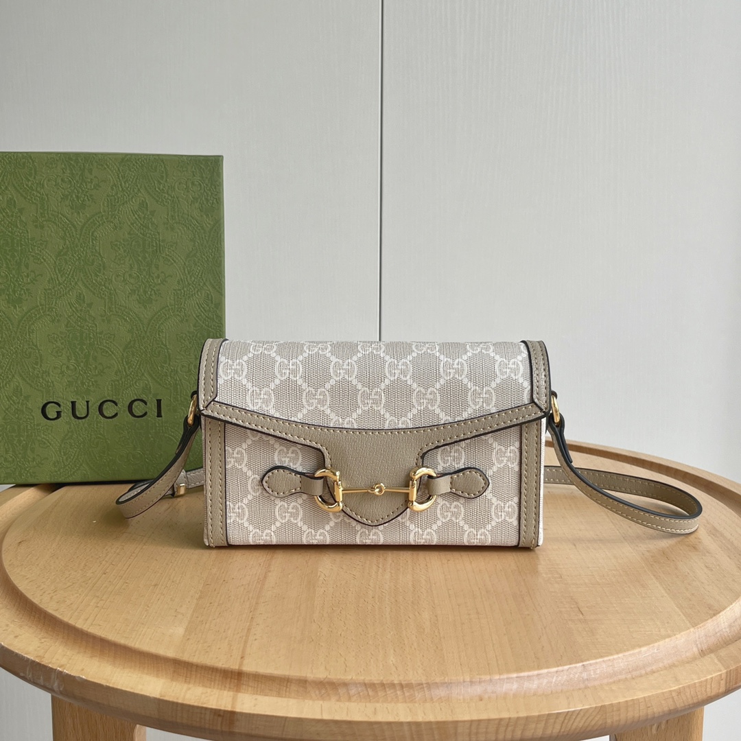 GUCCI 1955 Horsebit Mini GG Canvas Leather Trim Shoulder Bag - KAIROO