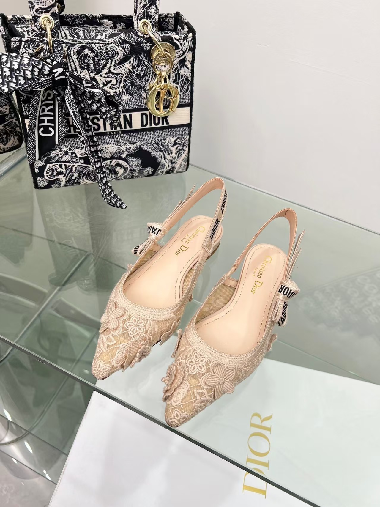 Dior J'Adior Nude Pink 3D Floral Embroidered Mesh Bow Strap Slingback Flats - KAIROO