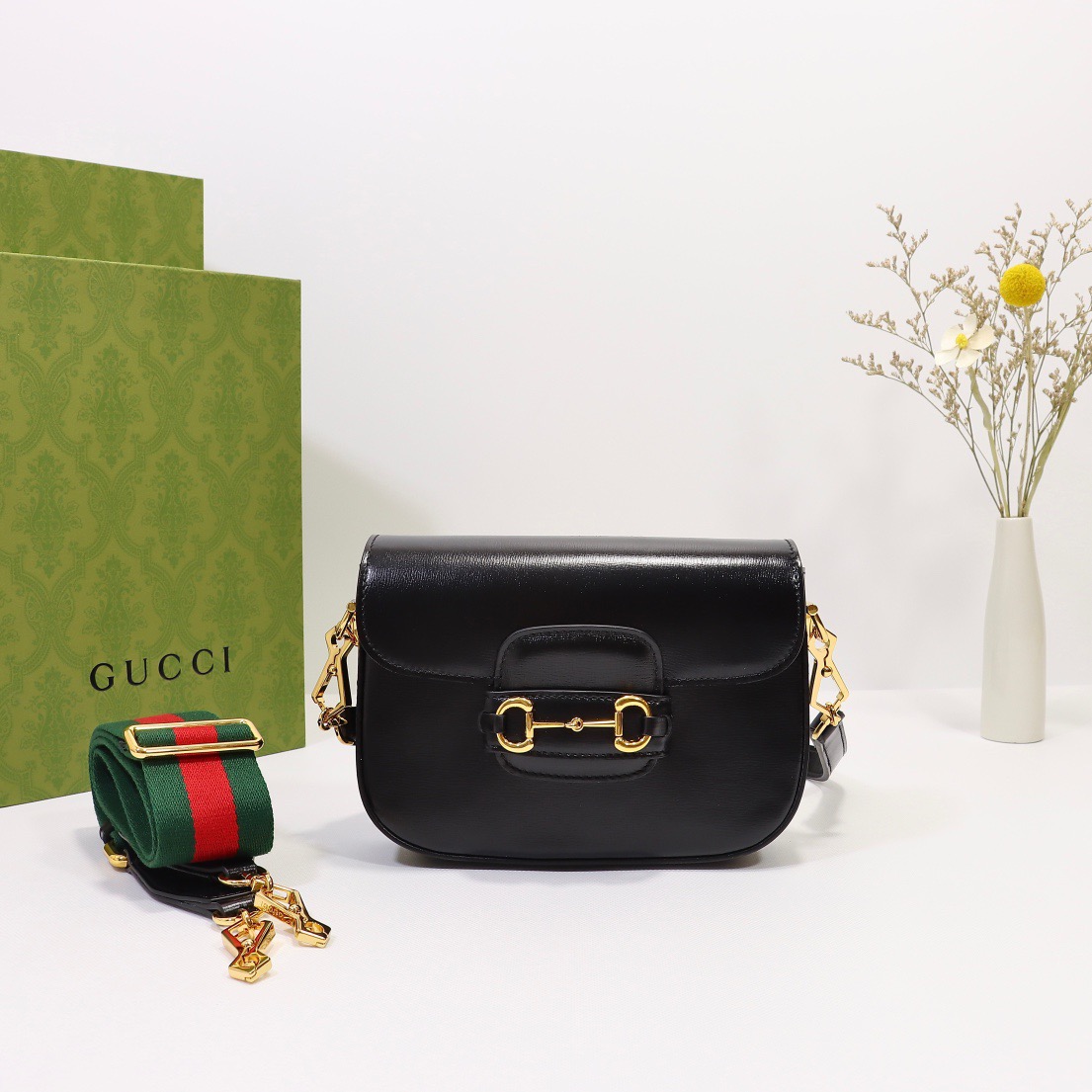 GUCCI 1955 Horsebit Flap Bag GG Canvas Leather Trim Shoulder Bag / Black/Top Version - KAIROO