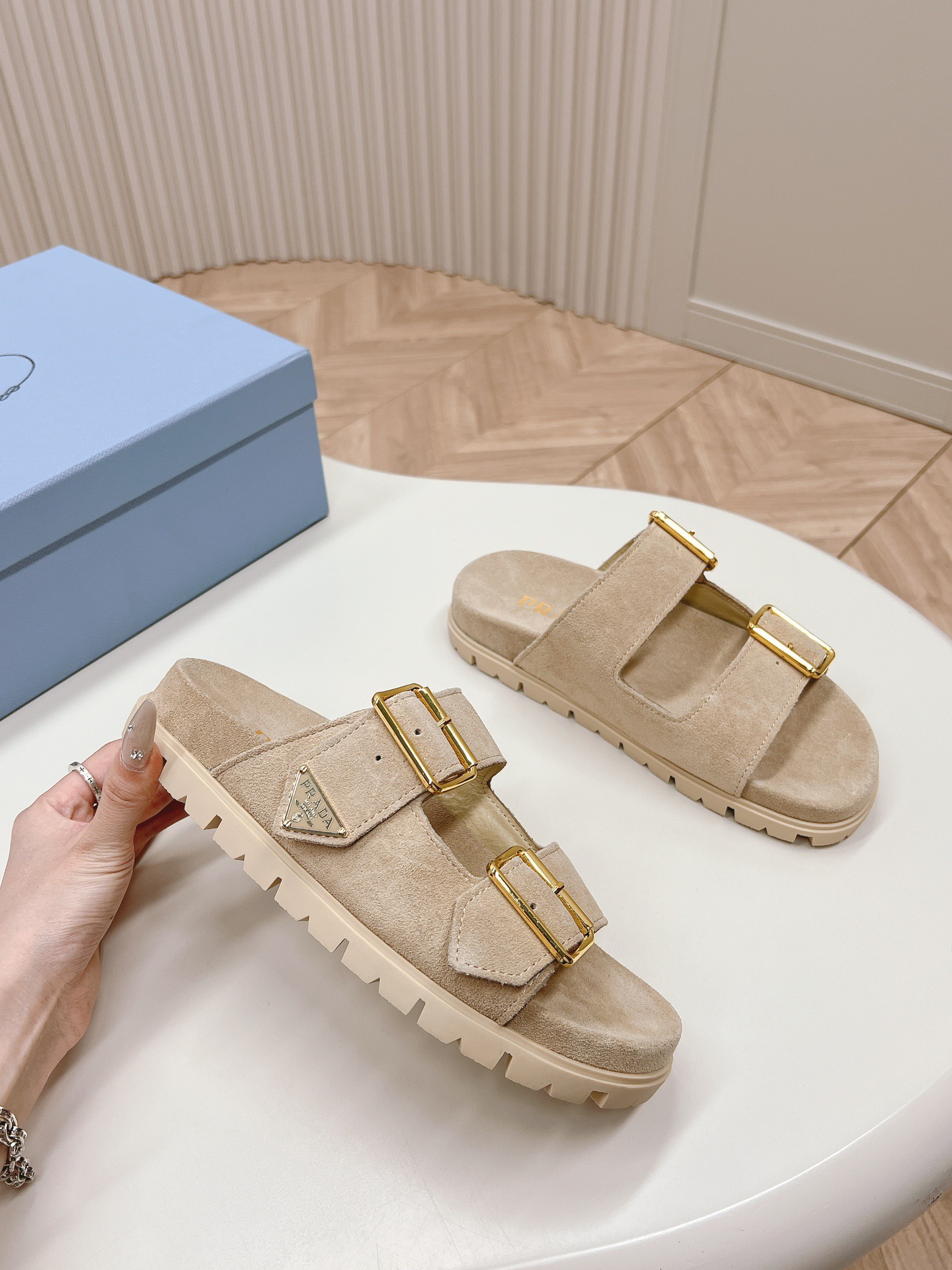 Prada Double Buckle Strap Suede Lug Sole Slippers/ Beige - KAIROO